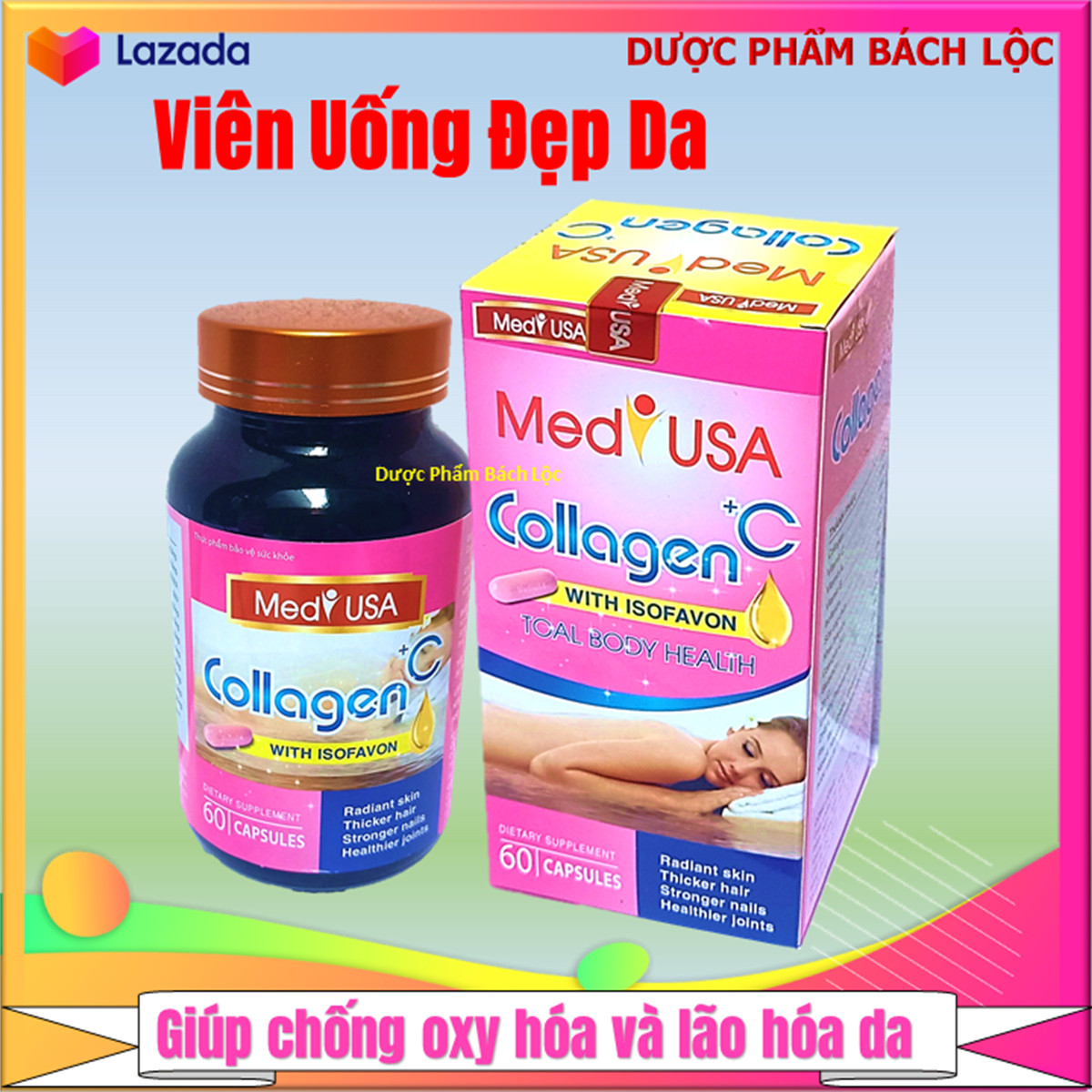 [Hộp 60 viên] Viên Uống Trắng Da Toàn Thân MedyUSA COLLAGEN +C -Với thành phần Collagen 120mg.sữa ong chúa, nhau thai cừu- giúp chống lão hóa, giảm thâm nám,ngăn ngừa nếp nhăn , tàn nhang