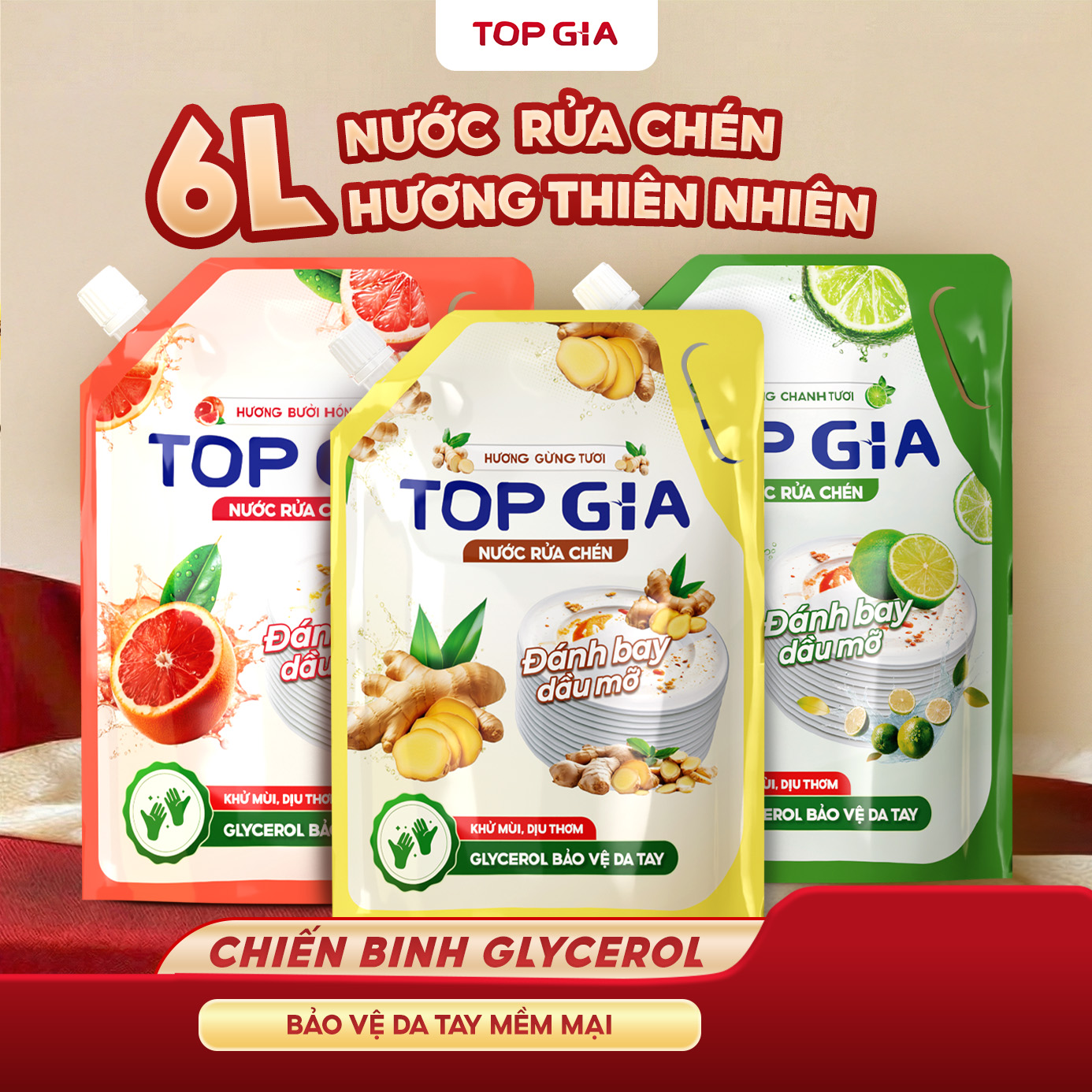 Combo 6L Nước rửa chén bát TOPGIA thiên nhiên, đánh bay dầu mỡ cứng đầu, an toàn không khô da tay