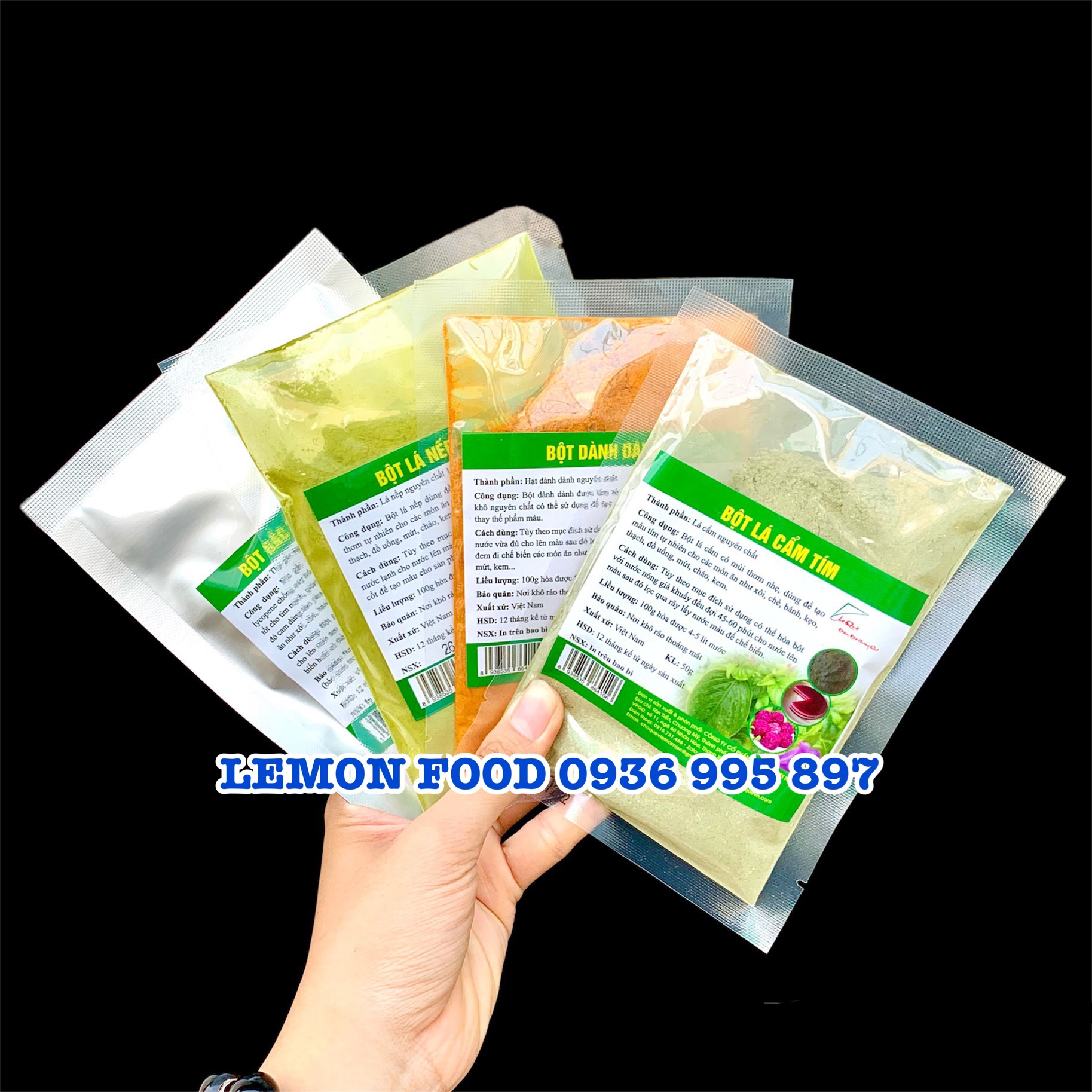 Combo 4 gói màu thực phẩm chiết xuất tự nhiên 100% - Chuyên dùng cho kem, xôi chè, bánh mứt (Gói 50g)