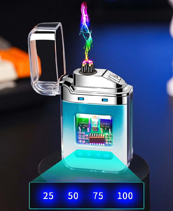 Hộp quẹt điện tử trong suốt tạo tia lửa plasma 4 tia, led nhiều màu quản lý dung lượng pin, hộp quẹt