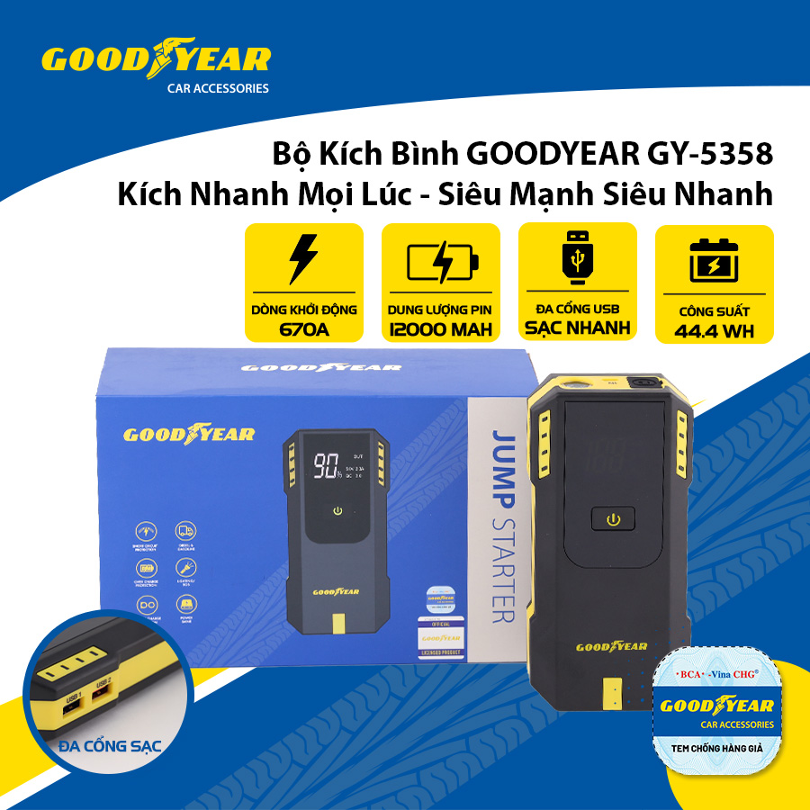 Battery Booster Kit for Oto 670A Goodyear Gy-5358 Multi-Function Backup Charger 12000Mah Emergency Led Light - Genuine Imported Giá 3,959,000 Đồng*Miễn phí vận chuyển