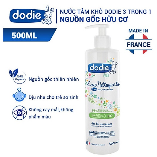Nước làm sạch hữu cơ Dodie nội địa Pháp 500ml cho bé từ sơ sinh lau mặt
