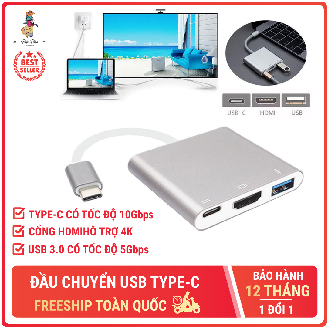 Đầu adapter cáp chuyển đổi đầu usb type c sang hdmi chất lượng 4k usb và typec 3 trong 1 cho macbook ipad chammart