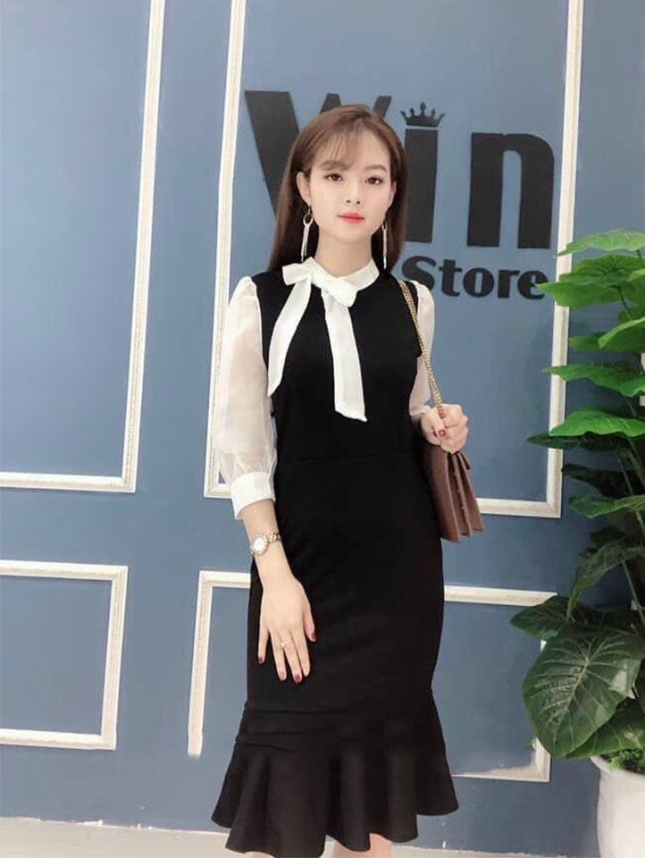 Đầm nữ đuôi cá thắt nớ 2 màu thiết kế tiểu thư thời thượng thời trang suni