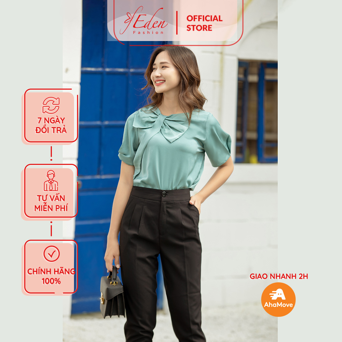 Áo sơ mi kiểu nữ công sở thời trang Eden tay ngắn cổ nơ cách điệu - ASM159