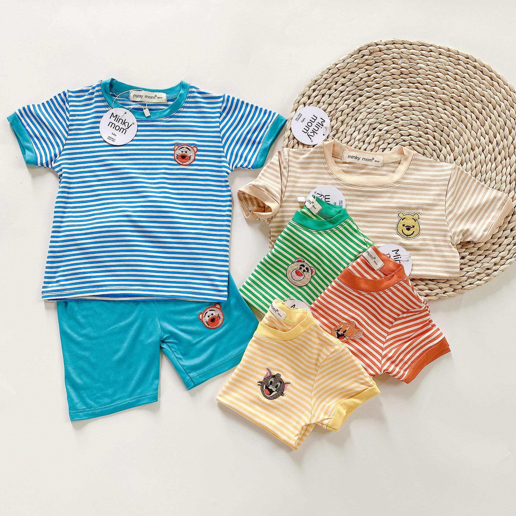 Bộ cộc tay kẻ sọc hoạ tiết gấu,mèo,thỏ dễ thương cho bé trai bé gái 8-18kg