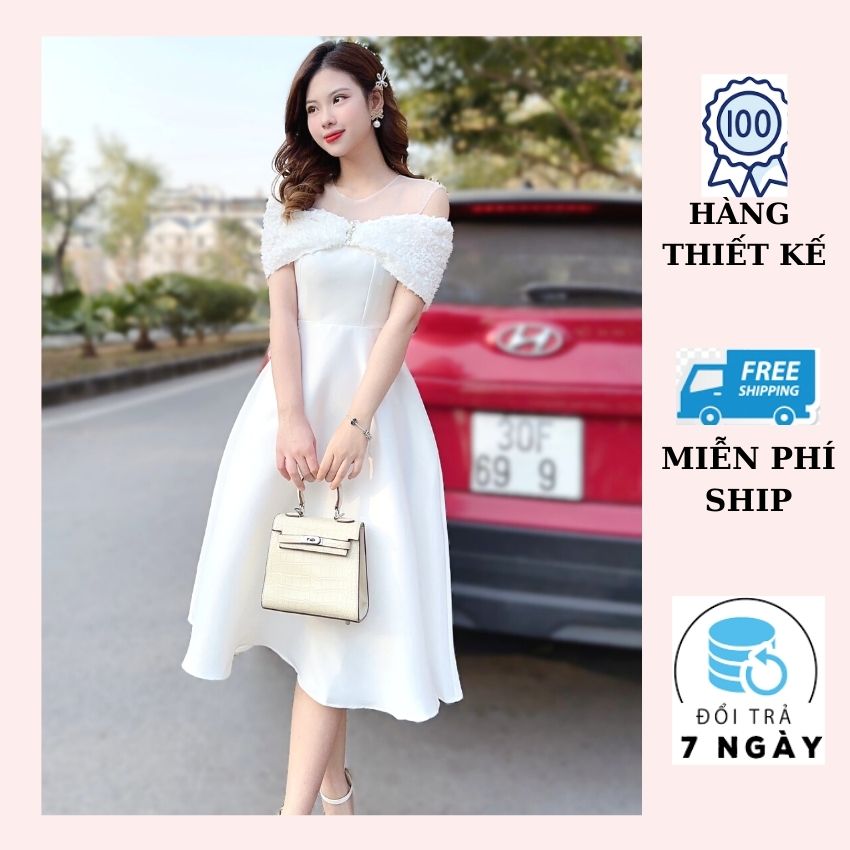 Váy trắng dự tiệc đầm dáng xòe tiểu thư công chúa tay phồng cổ vuông dập ly  ngực xinh đẹp XUKA DRESS DT 036  Shopee Việt Nam