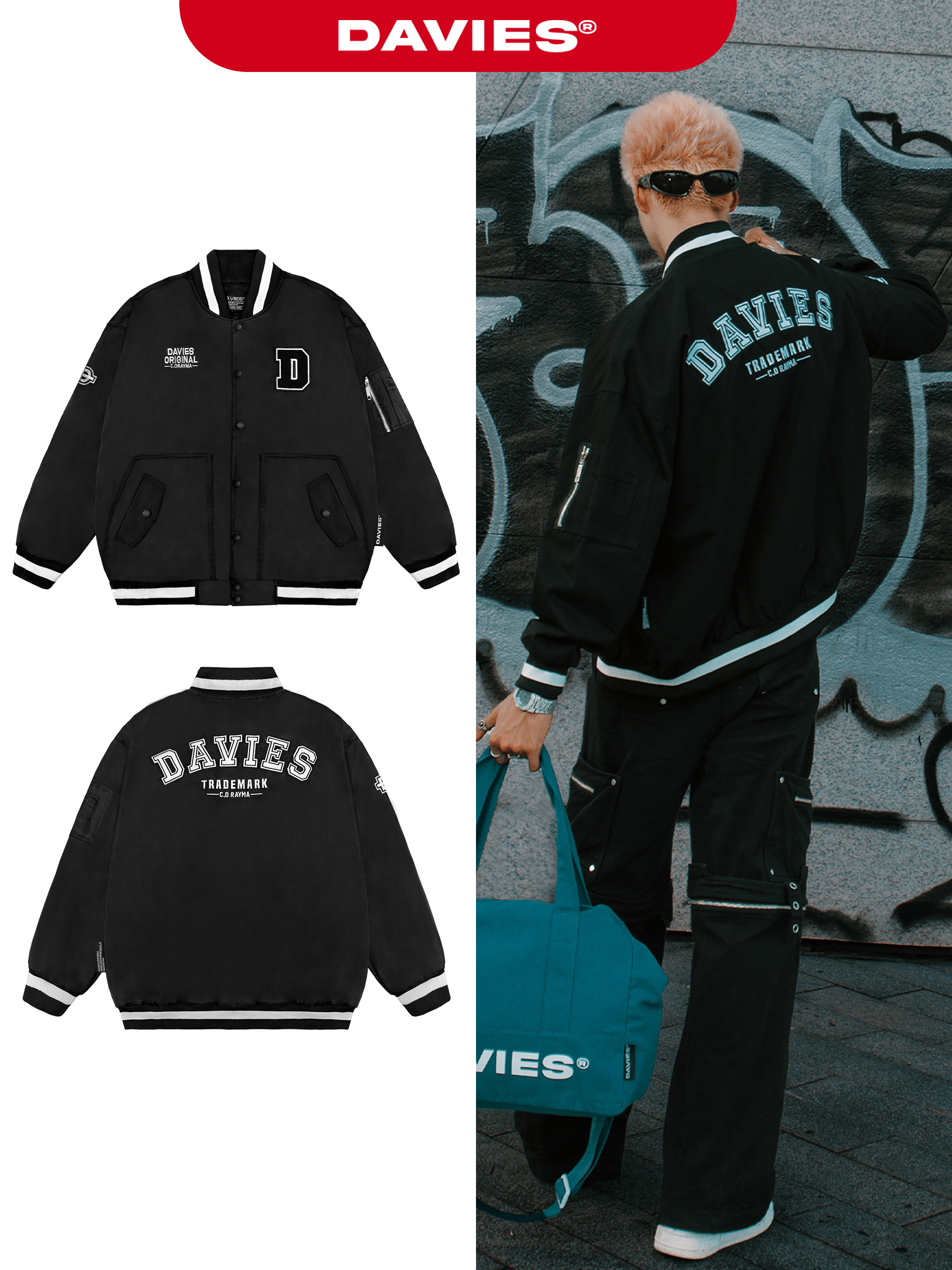 Áo khoác bomber nam nữ form rộng DAVIES local brand vải dù, kaki màu đen thêu chữ Khaki Daviesism Jacket I D36-AK6