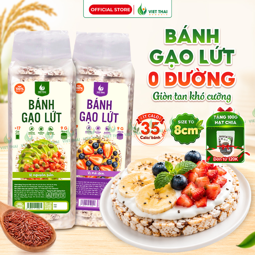 Bánh Gạo Lứt Ăn Kiêng Không Đường - Bánh Gạo Lức Nguyên Cám Mè Đen Ăn Vặt Ít Calo Việt Thái Organic