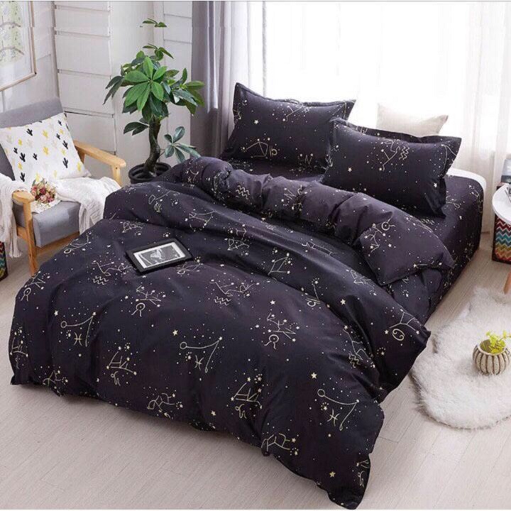 Set 3 món ga gối poly họa tiết 12 chòm sao, bộ 3 ga gối chòm sao poly, set poly ga gối sao đen, 3 món ga gối 12 chòm sao poly