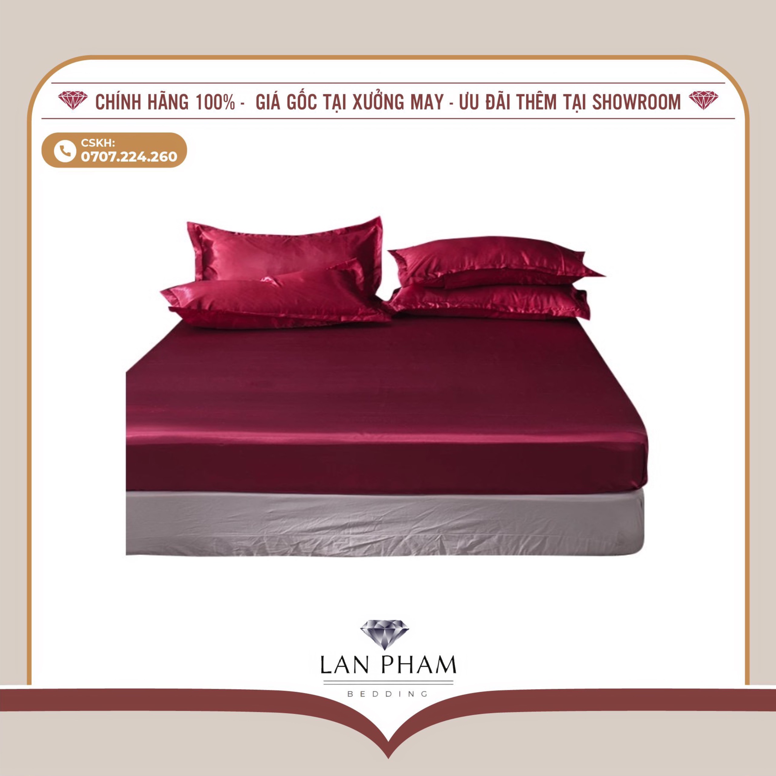 BỘ GA GIƯỜNG DRAP GỐI PHI LỤA MÀU ĐỎ MẬN CAO CẤP LAN BEDDING