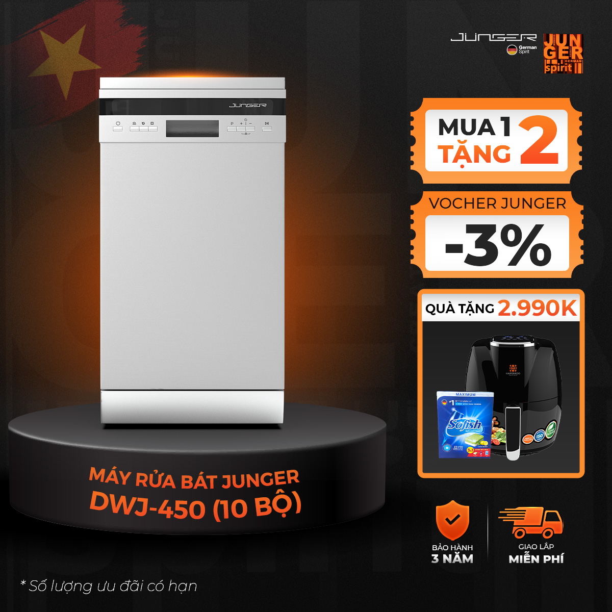 Máy rửa bát junger dwj-450 dung tích 10 bộ phím bấm cơ bảo hành 36 tháng