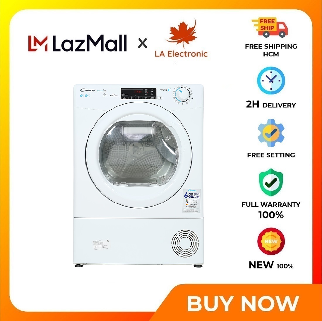 Máy sấy ngưng tụ Candy 8 Kg CSO C8TE-S - Miễn phí vận chuyển HCM - Simply Fi thông minh qua wifi và bluetooth Sấy đồ len Tuỳ chỉnh thời gian sấy và nhiệt độ sấy