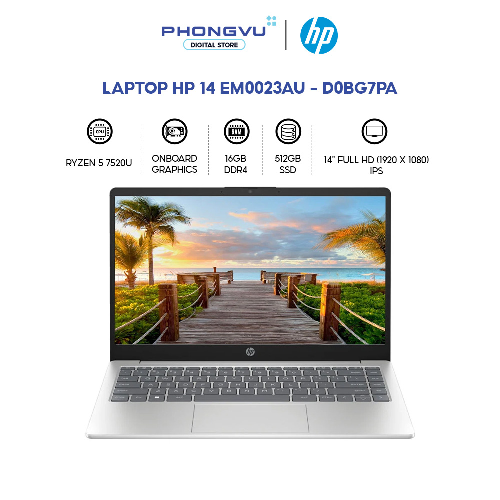 Laptop HP 14 em0023AU - D0BG7PA (Ryzen 5 7520U/ 16GB/ 512GB/ Windows 11 Home SL) - Bảo hành 12 tháng