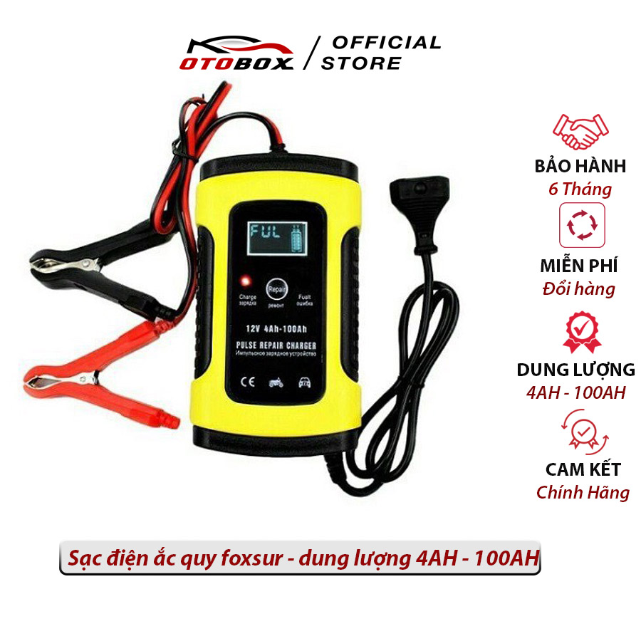 sạc bình ắc quy 12v xe máy ô tô 100ah foxsur tự ngắt khi đầy, máy sạc bình ac quy tự động chống ngược cực nhập khẩu chính ngạch OTOBOX