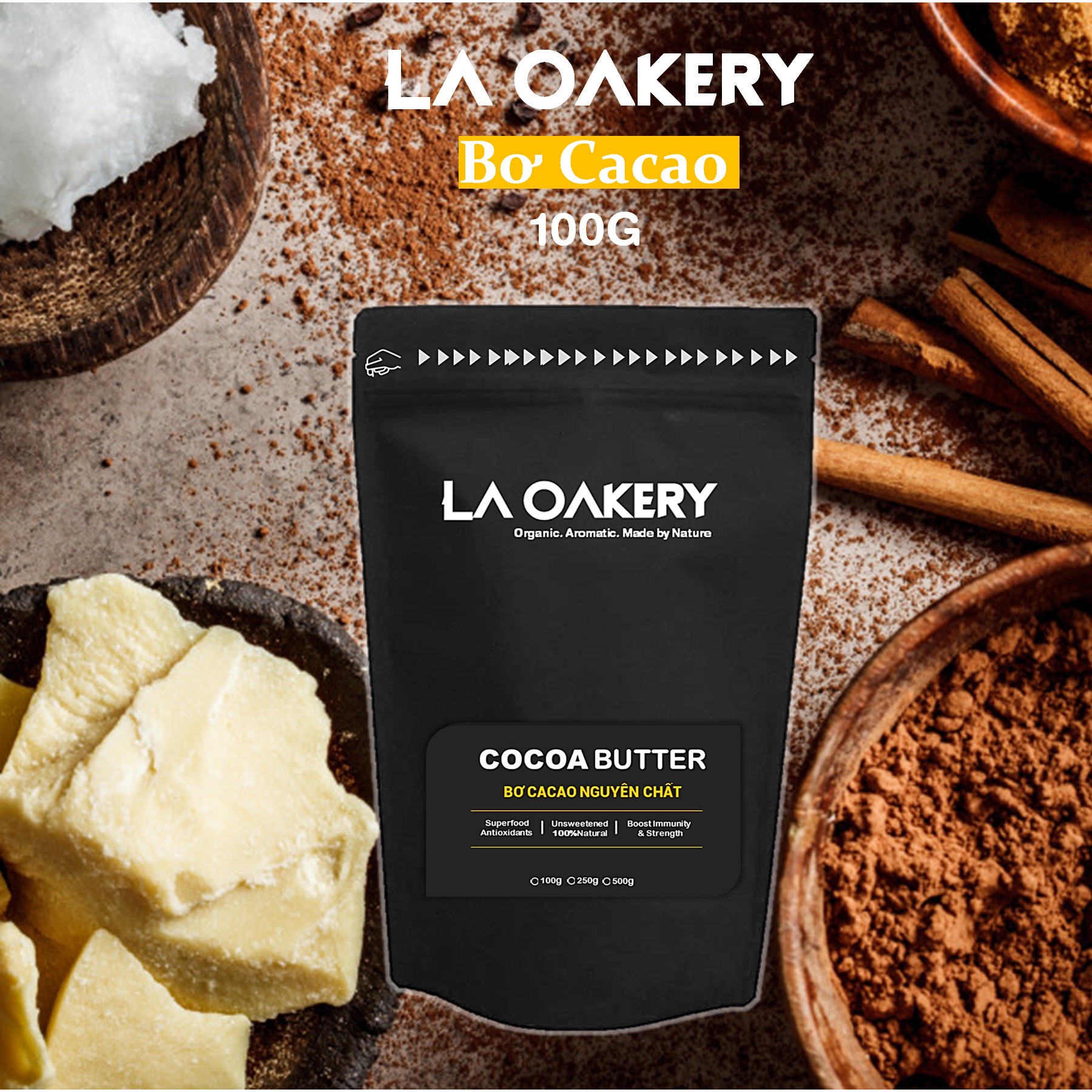 [Siêu nguyên chất] Bơ cacao nguyên chất La Oakery chứa hàm lượng vitamin E, chất chống ôxy hóa, khoáng chất quý giá, làm đẹp da, mặt, tóc, làm mềm, dưỡng ẩm cho vùng da khô trên cơ thể, tăng độ đàn hồi cho da,làm mờ vết rạn da 100g