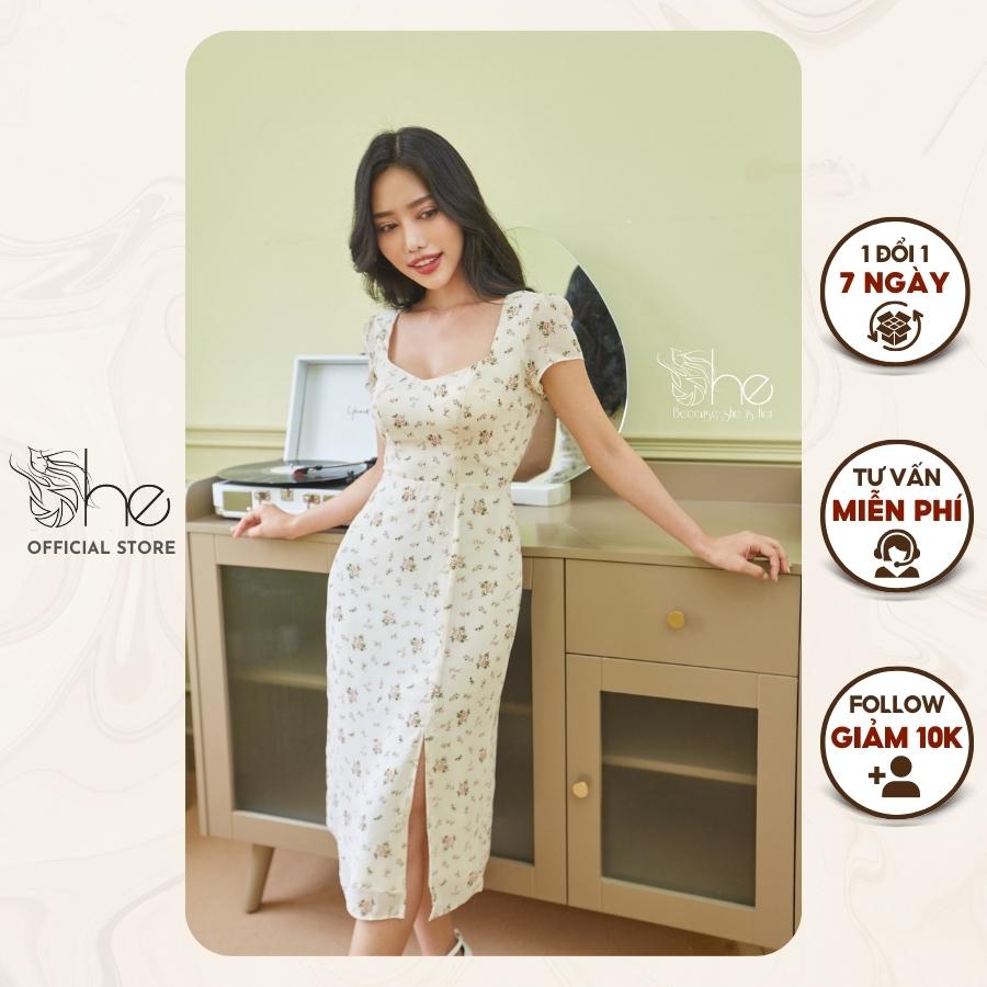Đầm váy trắng nữ She họa tiết hoa nhí chất voan thiết kế dáng suông xẻ tà cổ tim thanh lịch SDX128