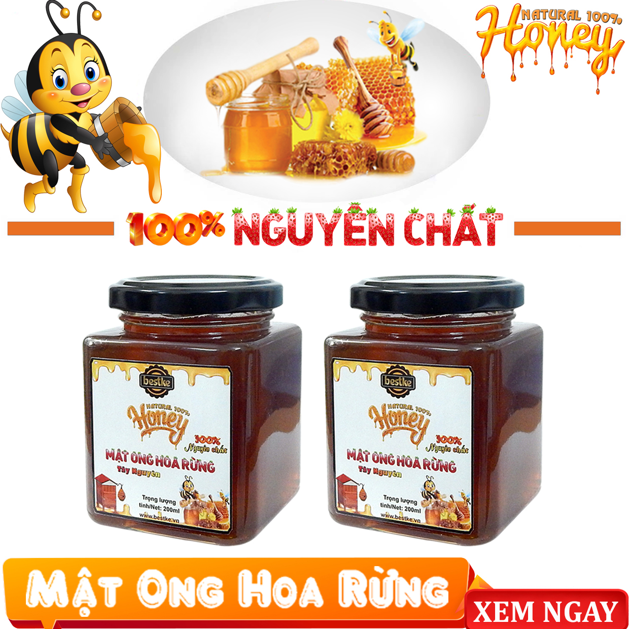 Mật ong, mật ong hoa rừng 100% nguyên chất, mật ong thật, Combo 2 Hũ, mỗi hũ 200ml, Cam kết mật nguyên chất, Bestke honey