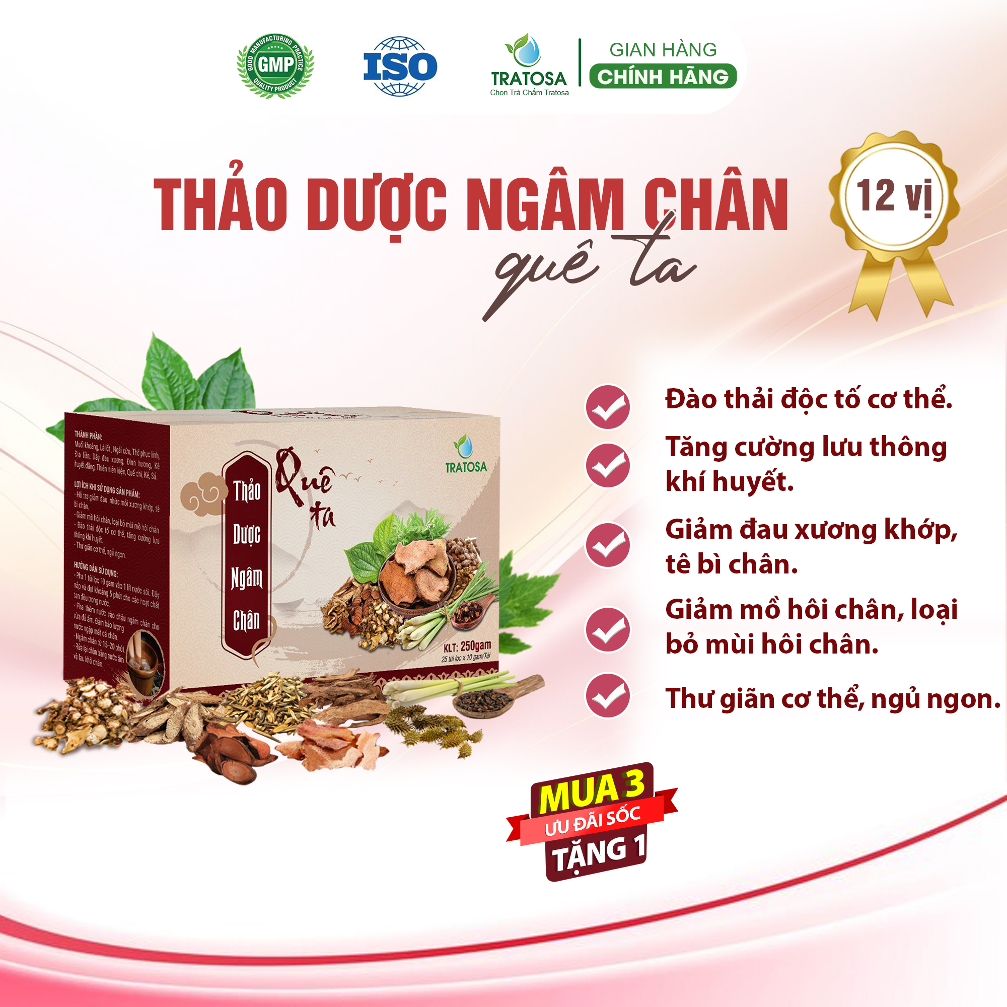 Thảo dược ngâm chân TRATOSA giúp giảm đau nhức, thải độc cơ thể, ngủ ngon tại nhà dùng hộp 25 gói