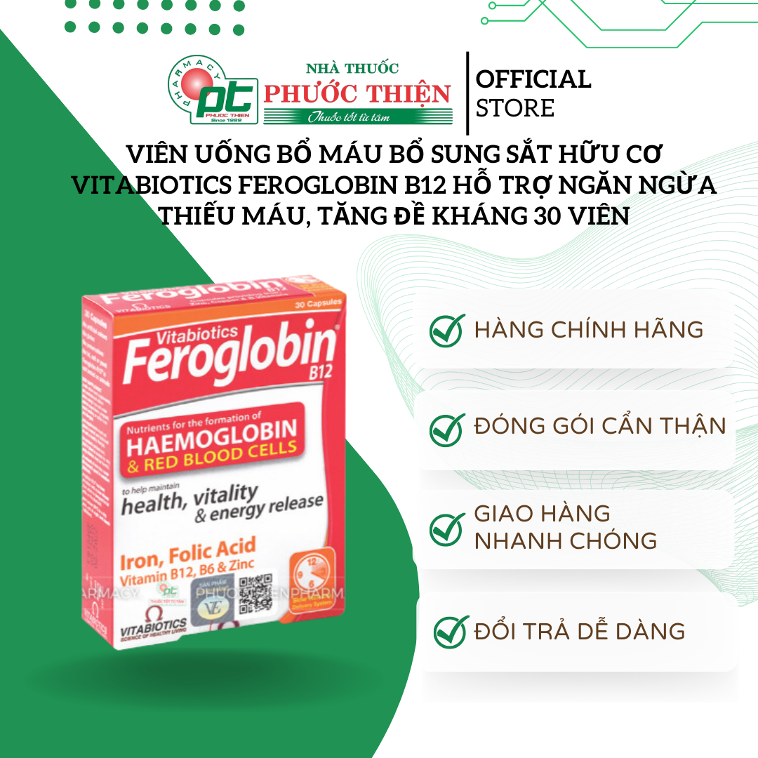 Viên uống bổ máu bổ sung sắt hữu cơ Vitabiotics FEROGLOBIN B12 hỗ trợ ngăn ngừa thiếu máu, tăng đề kháng 30 Viên