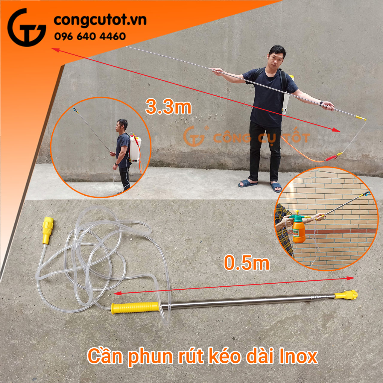 Cần inox phun nước rút kéo dài 0.5-3.3m