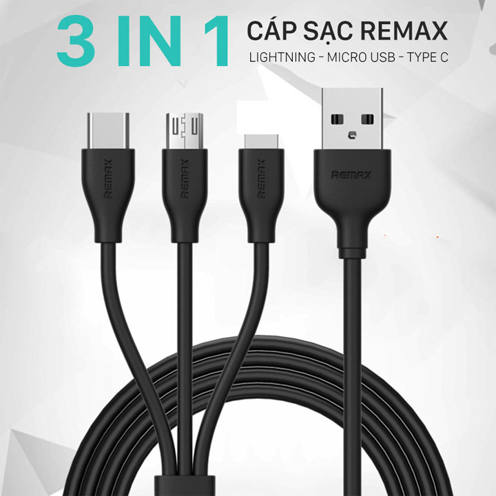 Cáp sạc Remax 3 đầu dây dù micro USB Type C lightning dùng cho điện thoại Android iOs