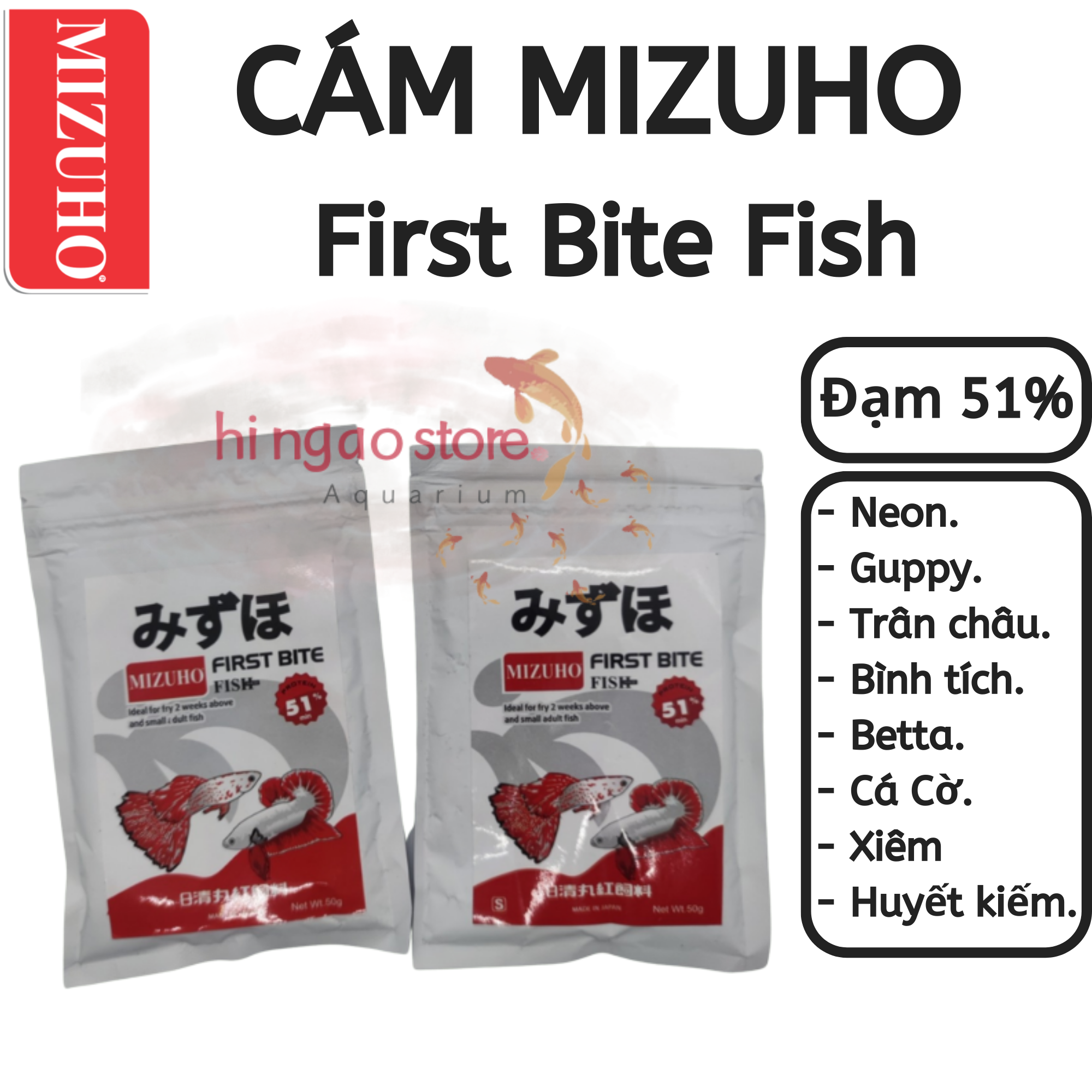 Bao 50g Cám Nhật Mizuho 50g - Thức ăn cá neon, cá mún, cá bảy màu, cá betta | Hingaostore.