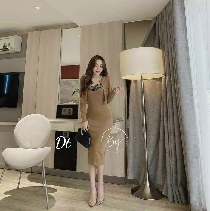 Sét Đầm Váy Nữ Chất Thun Tăm Gân 2 Dây Ôm Body Phối Ren Kèm Áo Khoác Ngoài Tay Dài Thiết Kế Sang Chảnh Đi Làm Công Sở, Đi Chơi Du Lịch Cực Xinh Đẹp Beta Fashion, Free Size (40-55) Ký Mặc Vừa Nha