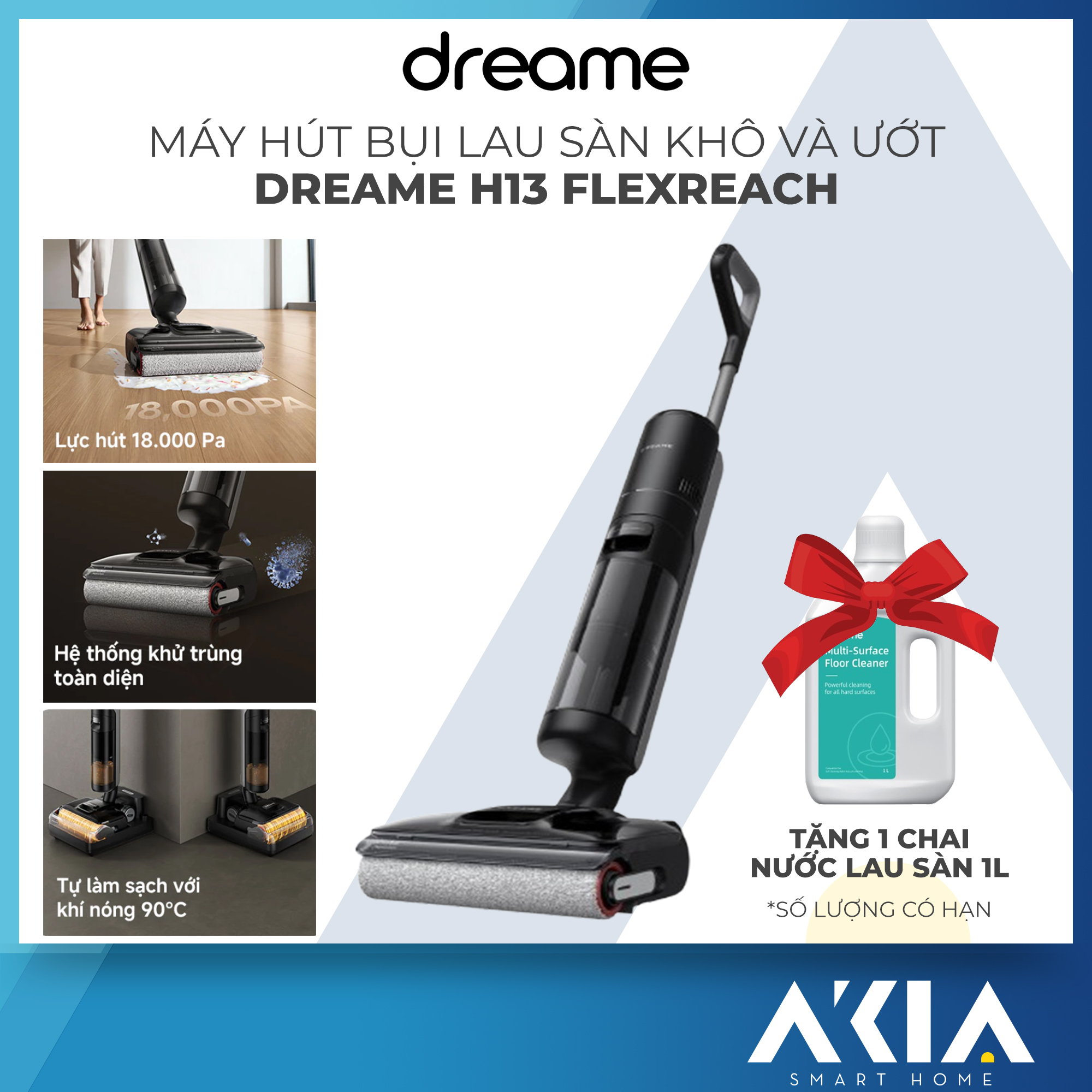 Máy hút bụi lau nhà khô & ướt Dreame H13 FlexReach - Quốc Tế - Lực hút 18.000Pa, Bảo Hành 24 Tháng