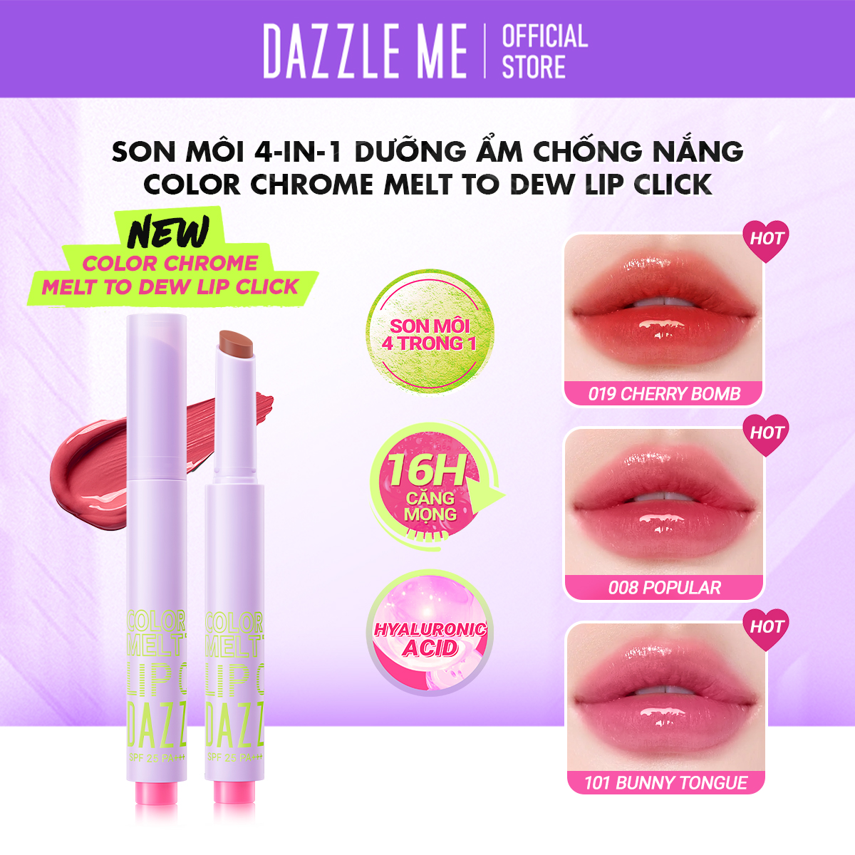  DAZZLE ME Son dưỡng có màu căng mọng ẩm mượt cho môi Dazzle me Color Chrome Melt to Dew Lip Click 2g 