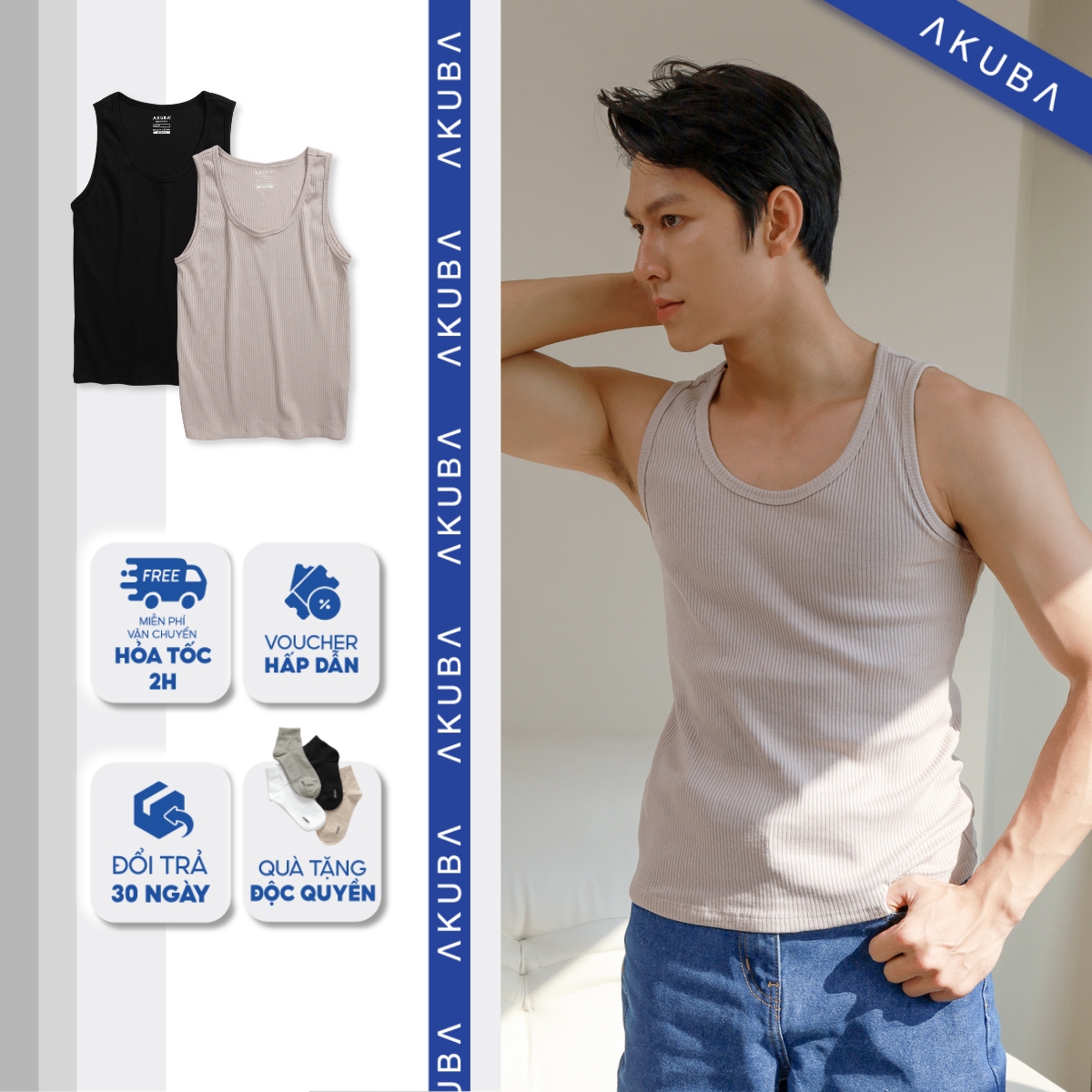 Áo tanktop AKUBA form slimfit, co giãn linh hoạt, chất cotton mềm mịn, thấm hút mồ hôi| 01J0577