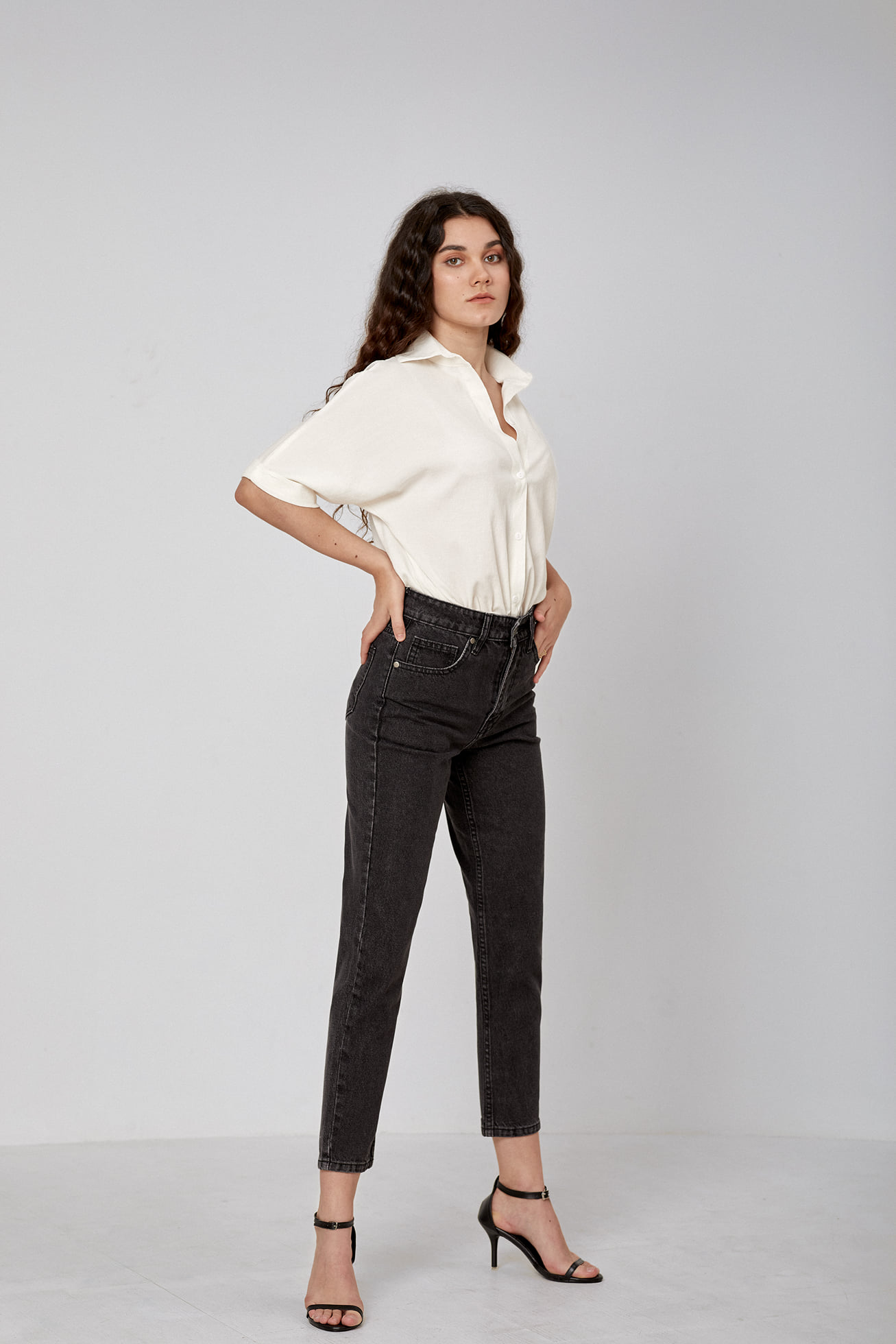 Quần Jeans Lưng Cao Nữ - Momfit Dark Grey - Hashtagem