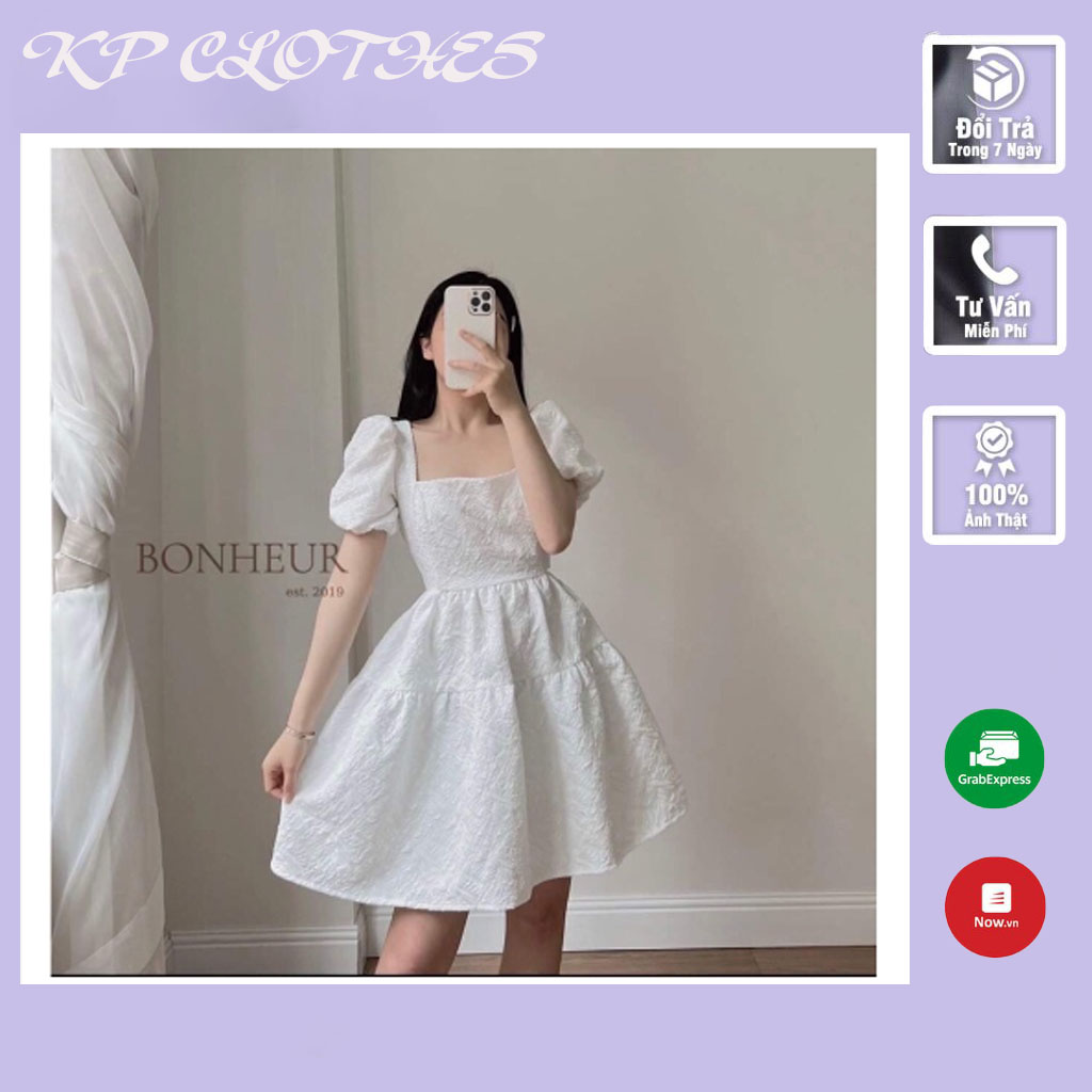 Đầm nữ cổ vuông hoa gấm hở lưng 🦋 váy nữ cộc tay dáng xòe buộc dây 2 màu kp clothes