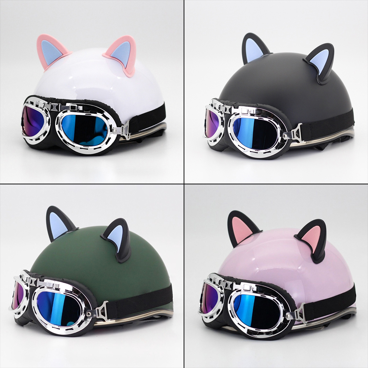 Mũ Bảo Hiểm Nửa Đầu Kính Phi Công Kèm Tai Mèo 2 Màu Dễ Thương Nhièu Màu Lựa Chọn-Đạt Chuẩn CR