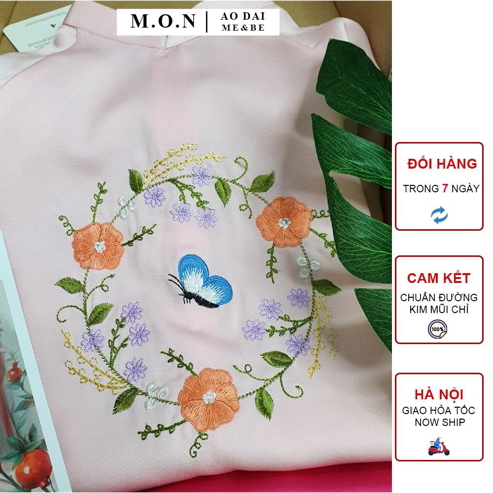 Áo dài mẹ bé lụa cao cấp mát lịm thêu hoa hồng diệp