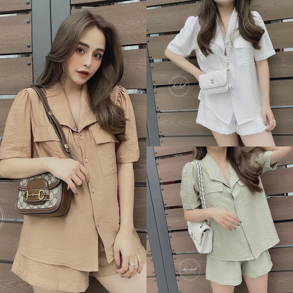 [Ảnh thật có 3 màu] Set quần short áo sơ mi chất vải tơ xước sanh chảnh