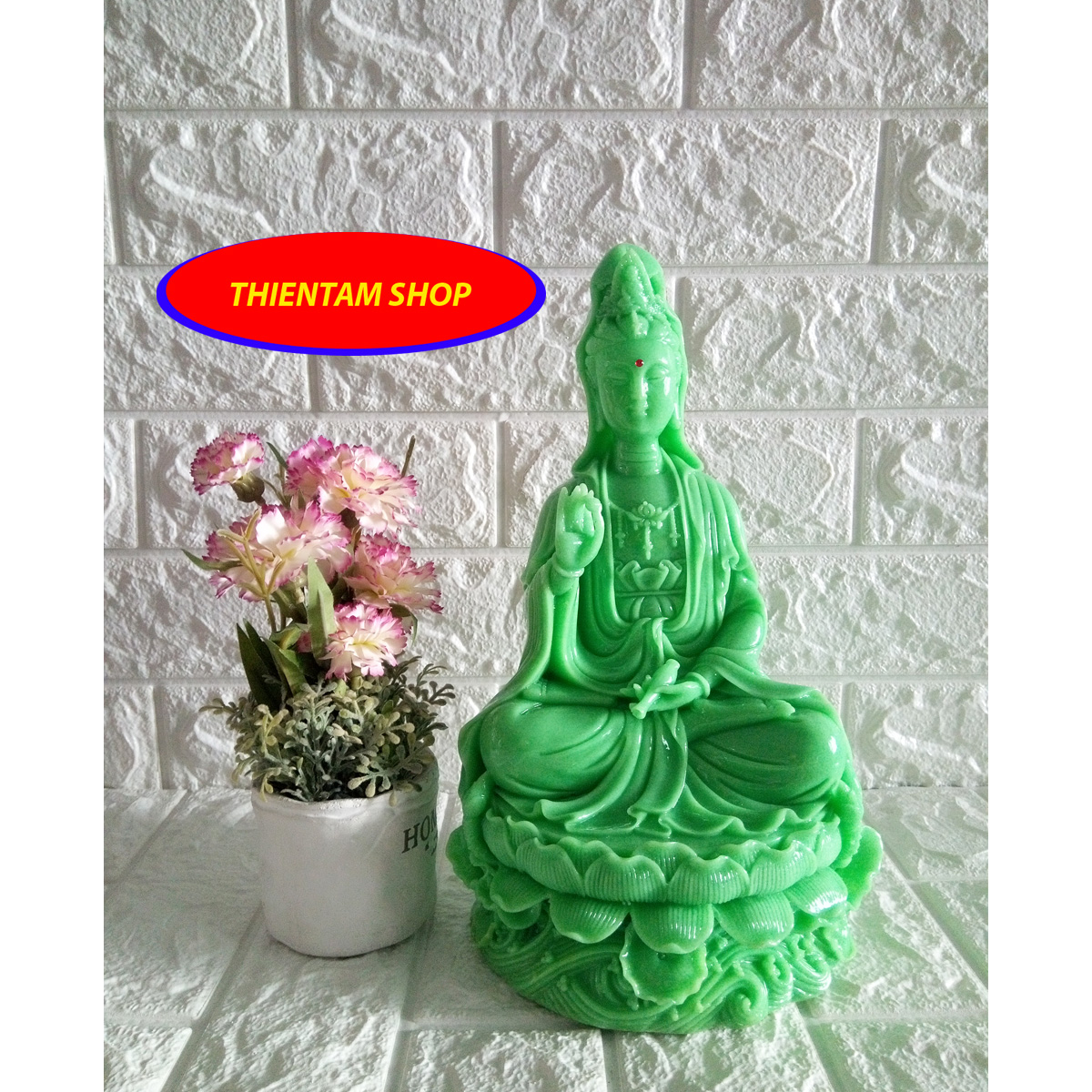 Tượng phật Bà Quan âm tọa đài sen đá poly xanh QADX30
