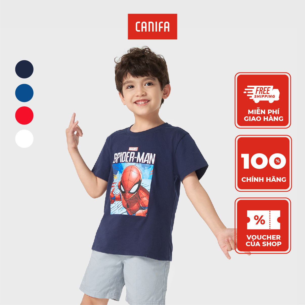 Áo phông bé trai in Spiderman CANIFA Áo phông chất liệu 100 cotton cổ tròn tra bo tay cộc. 2TS23S013