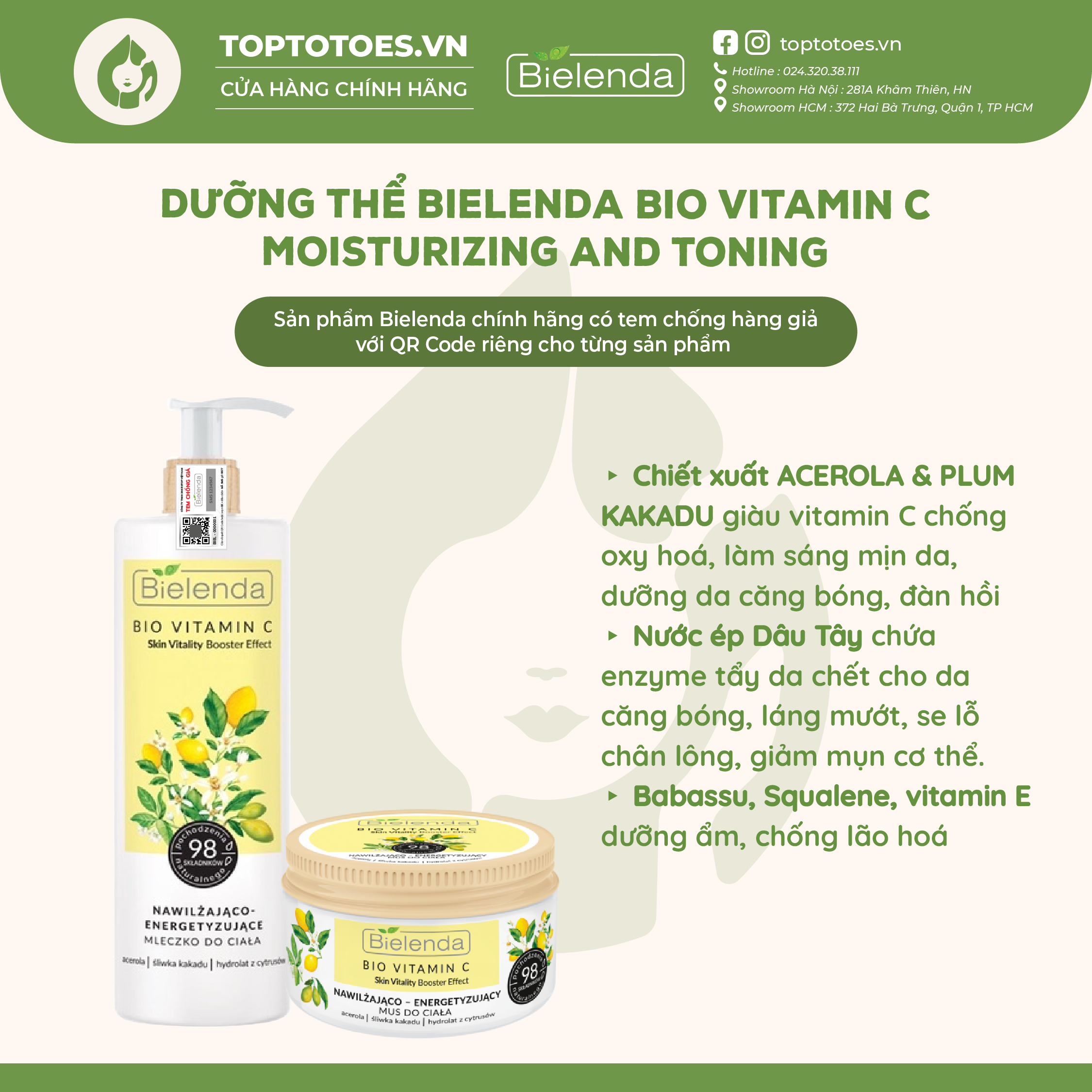 Dưỡng thể trắng da Bielenda Bio Vitamin C dưỡng ẩm làm sáng mịn da