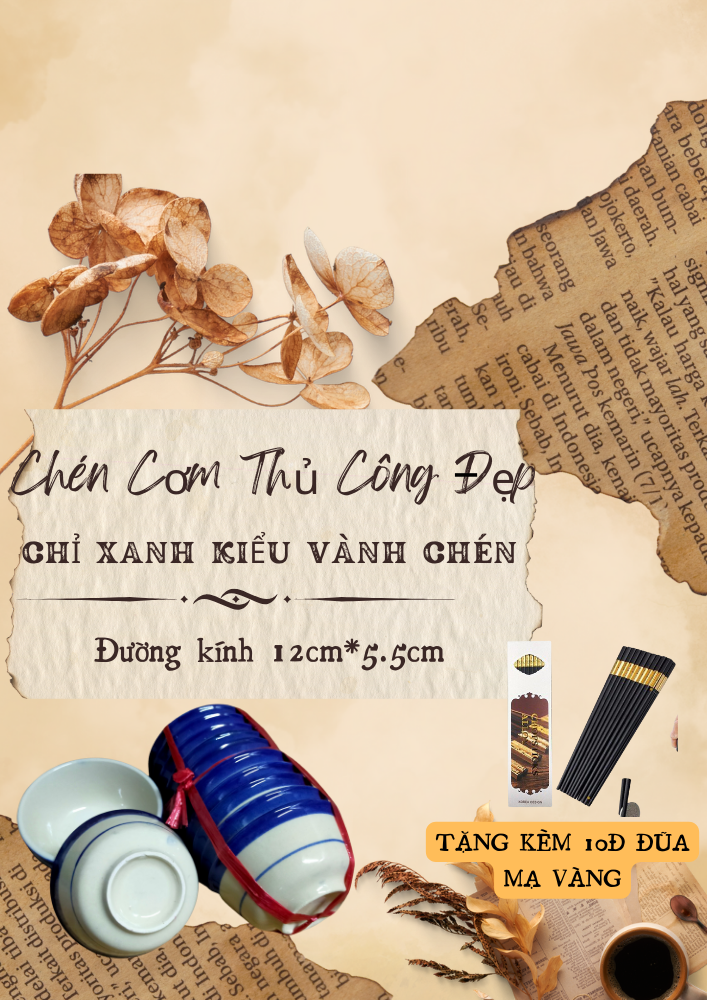 Bộ 10c chén cơm chỉ xanh hàng thủ công xưa loại đẹp