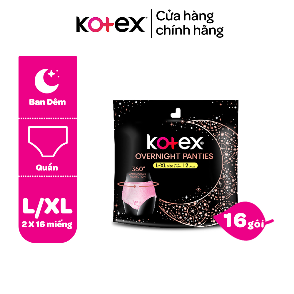 Thùng 16 gói bvs kotex ban đêm dạng quần cỡ l/xl 2 miếng