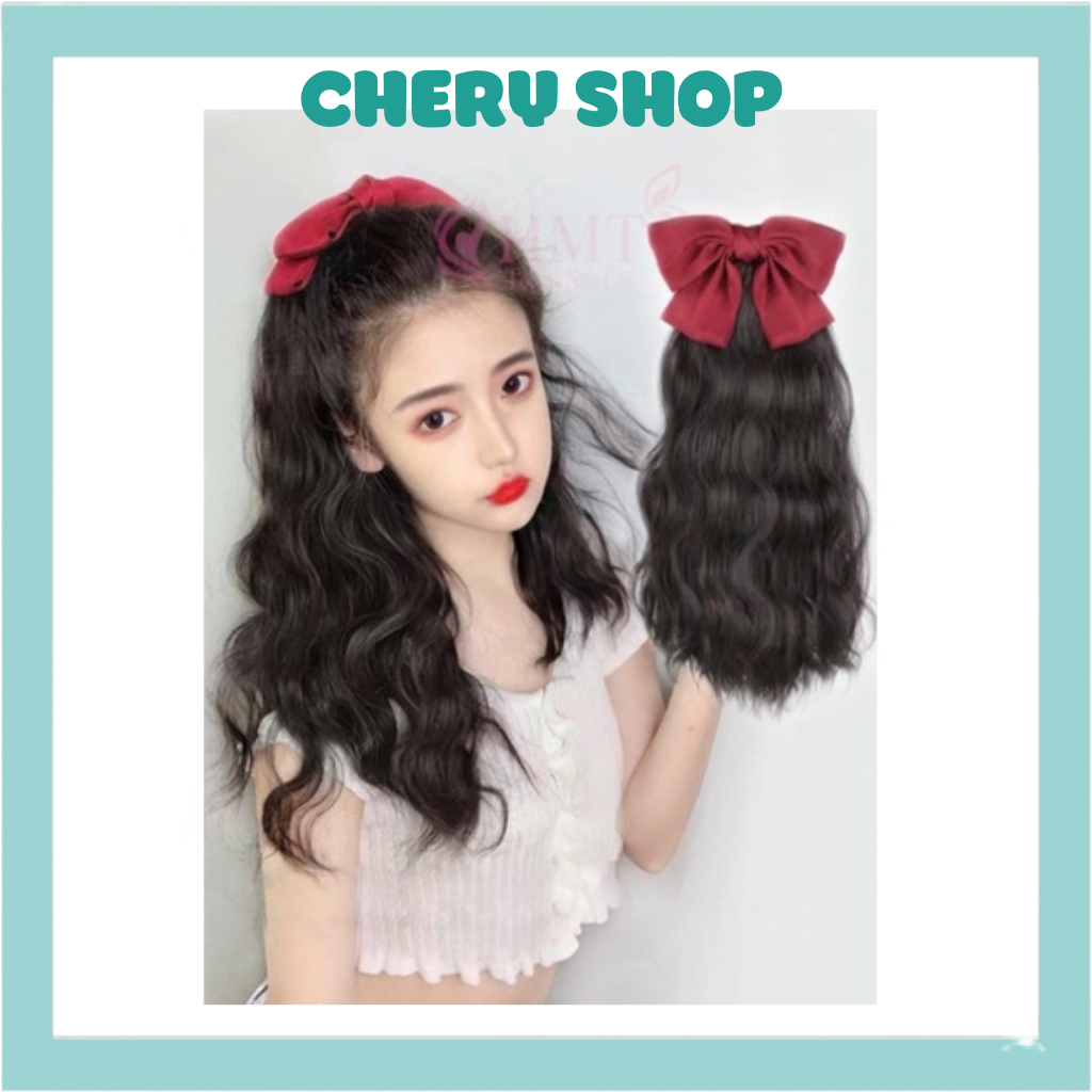 Tóc giả cột xù kèm nơ đỏ làm bằng sợi tơ cao cấp