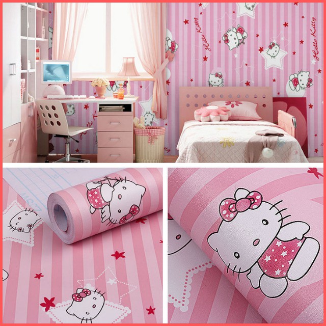 5m giấy dán tường Hello Kitty sọc hồng khổ rộng 45cm có keo sẵn giấy decal dán tường kitty màu hồng giấy dán tường phòng ngủ cho bé gái giấy dán tường phòng ngủ hello kitty  - Lala Mart