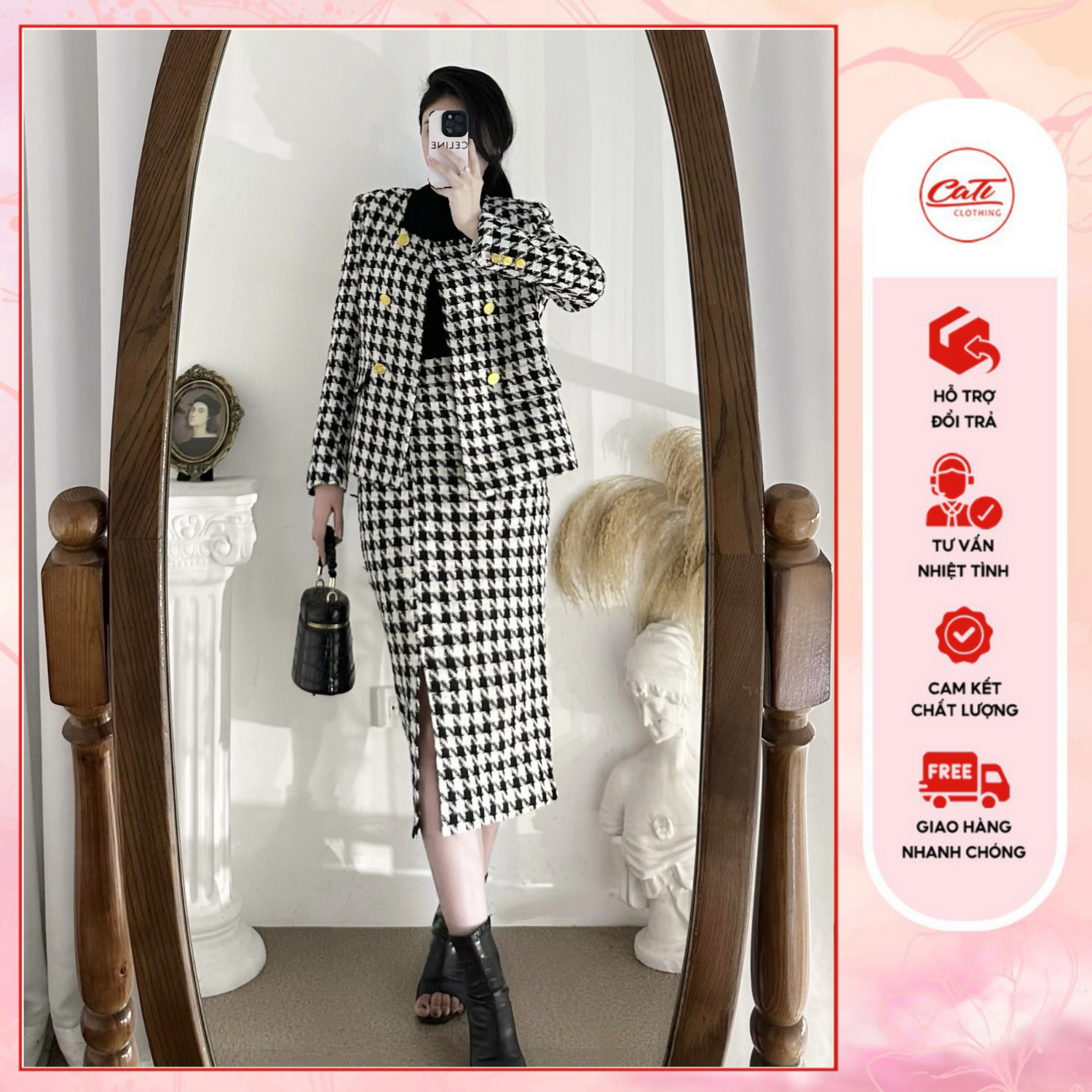Cati set dạ kẻ karo áo cổ vuông 2 màu