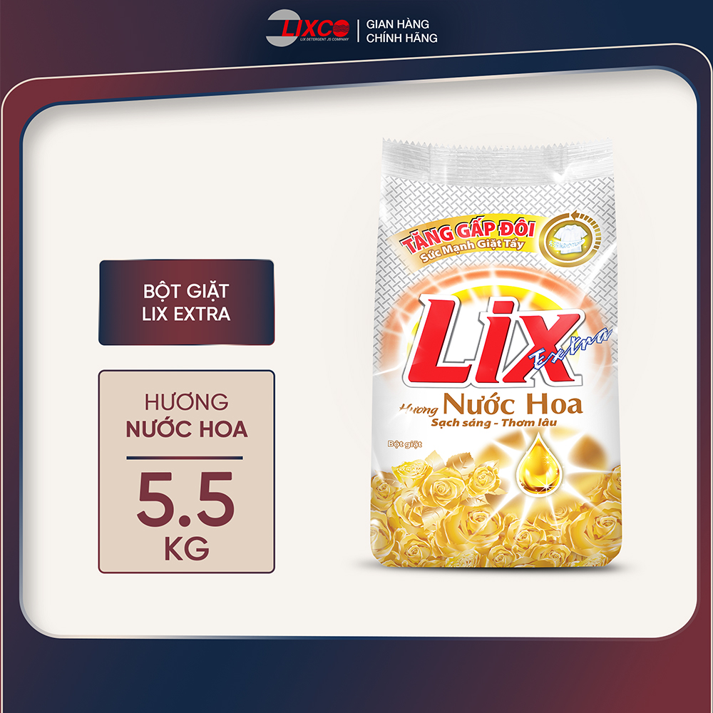 Bột giặt Lix Extra hương nước hoa 5.5kg EH554 tăng gấp đôi sức mạnh giặt tẩy quần áo sạch thơm lâu cho giặt tay, máy - Lixco Việt Nam