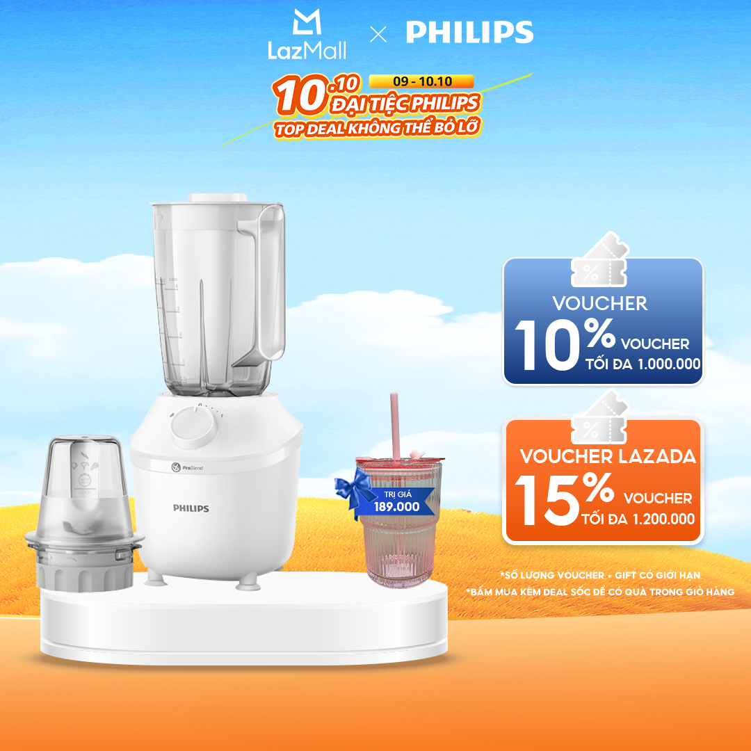 Máy Xay Sinh Tố Philips HR2041/10 450W Lưỡi Dao Xay Sắc Bén Có Thể Nghiền Đá-Xay Nhuyễn Mịn, Không Vón Cục Trong 45 Giây*-Hàng Phân Phối Chính Hãng