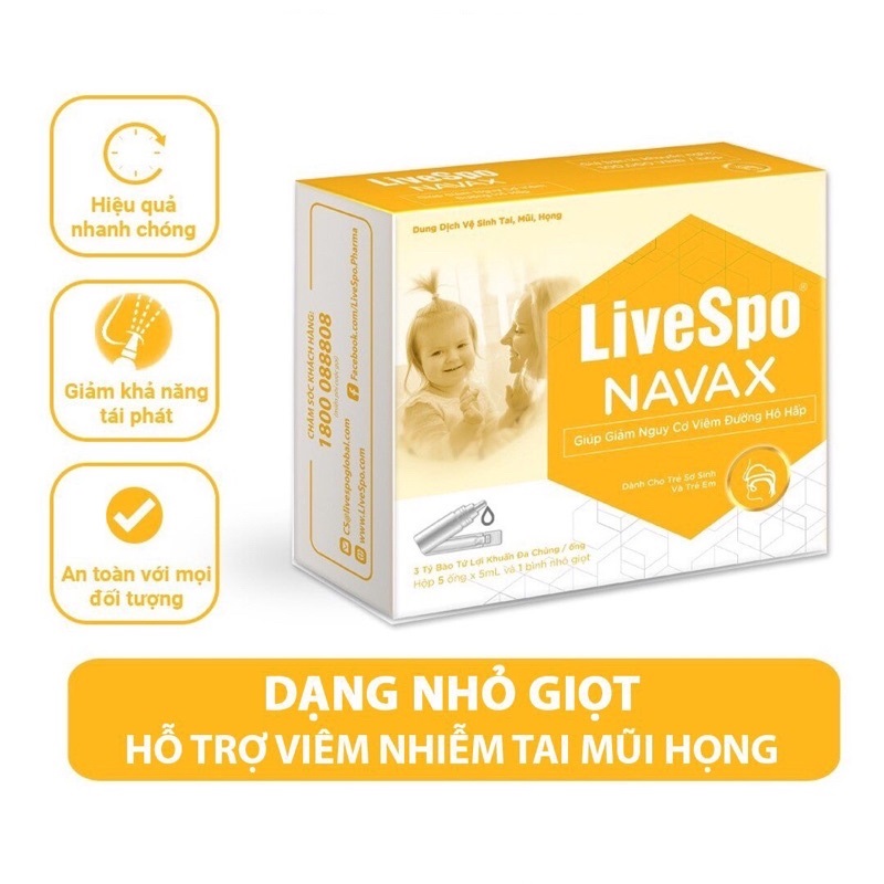 Nước muối sinh lý bào tử lợi khuẩn LiveSpo Navax Kids - Dành cho trẻ sơ sinh và trẻ em 5 ống x 5ml