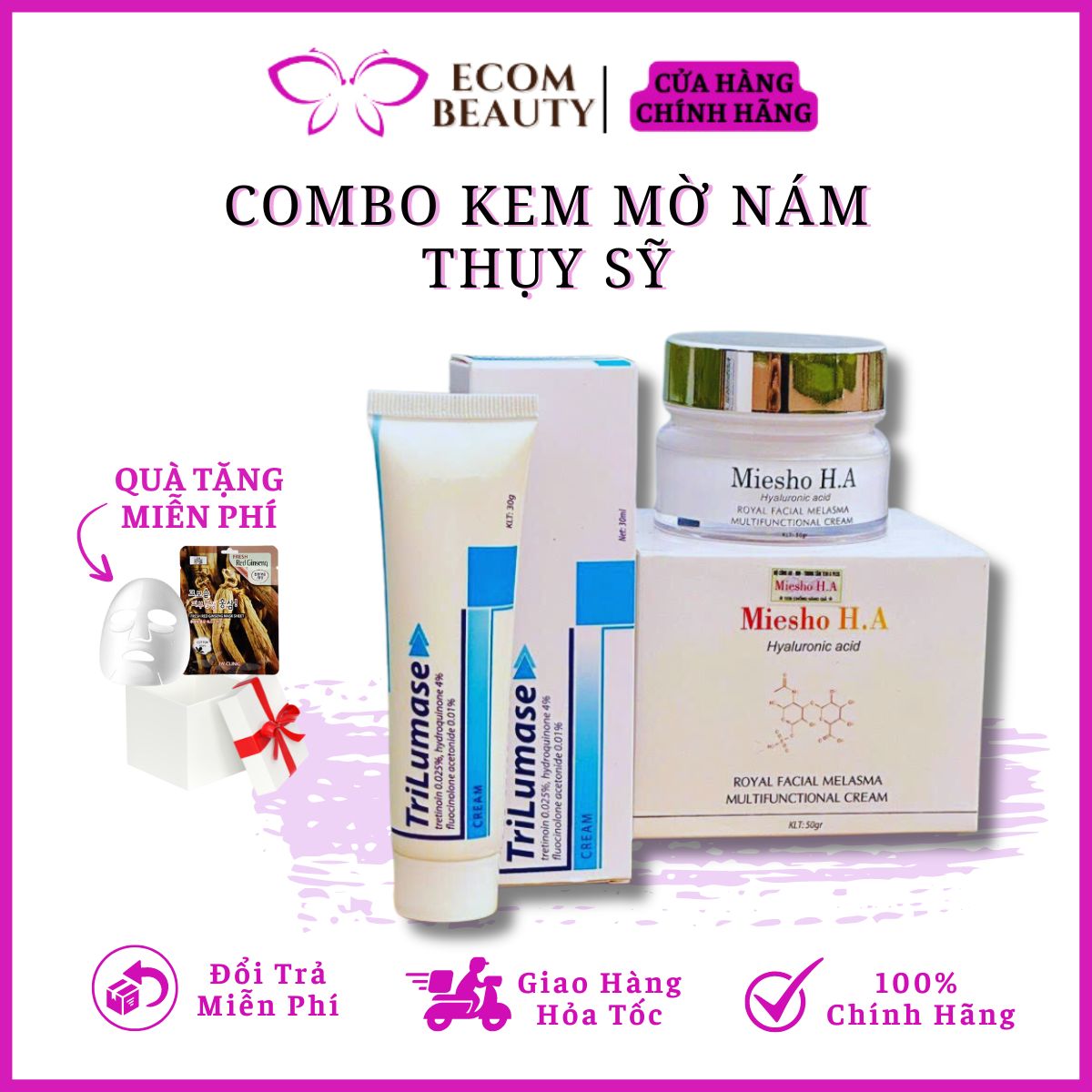 Combo kem mờ nám thụy sỹ - kem dưỡng phục hồi miesho h.a & kem nám trilumase giúp mờ thâm nám, dưỡng trắng da tại nhà - eocm beauty