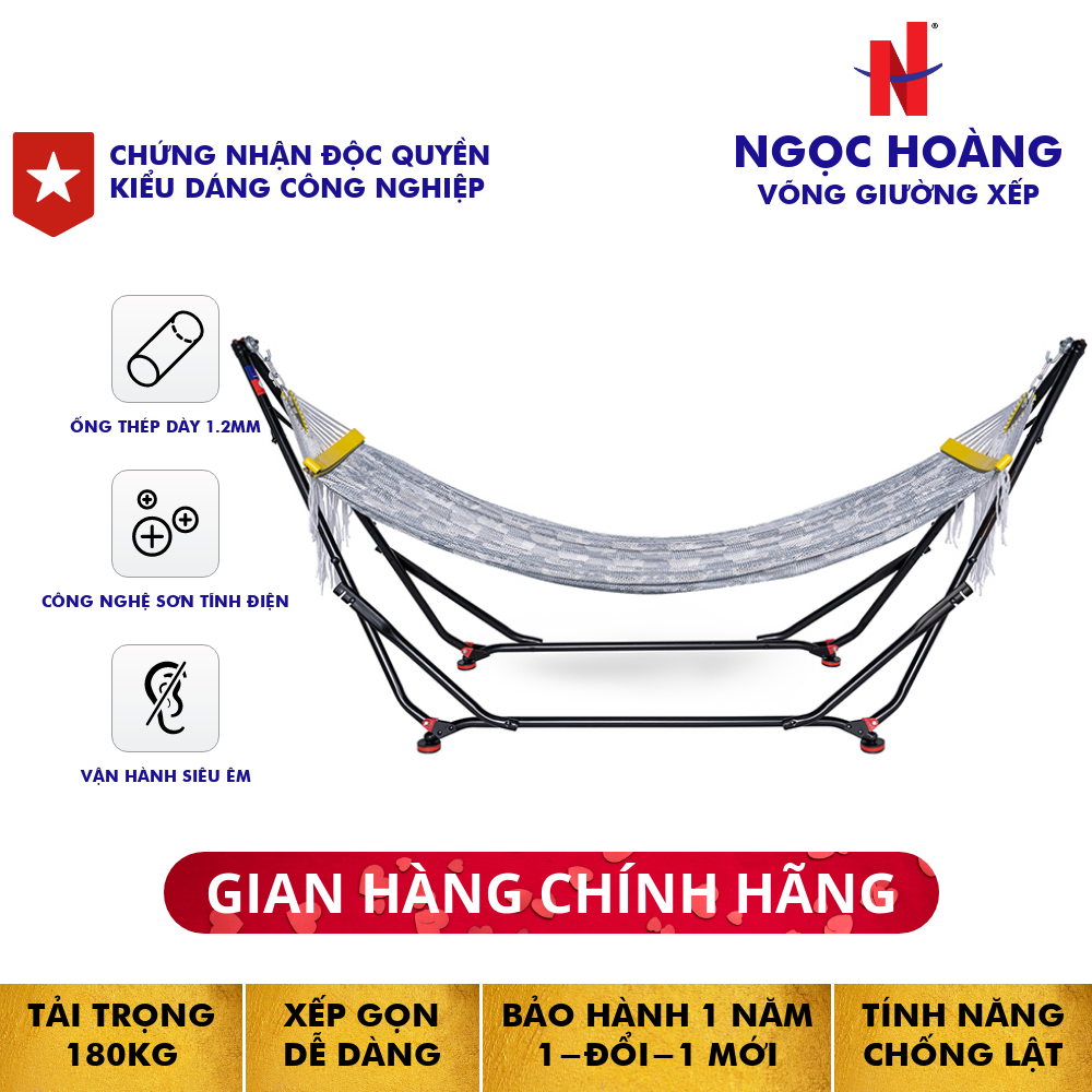 Ngọc Hoàng - Nguyên bộ khung võng xếp đa năng (Black) kèm lưới võng (Tie-Dye) - Thép nhập khẩu ống dày 1.2mm sơn tĩnh điện, kết hợp tính năng treo võng, treo xích đu, treo nôi em bé, treo thanh phơi đồ, đã được cấp bằng độc quyền kiểu dáng công nghiệp