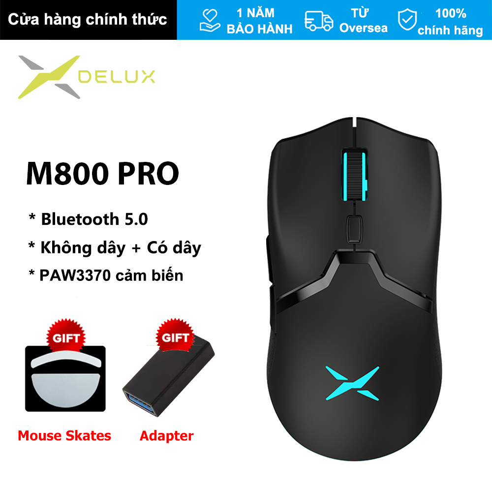 Delux Chuột Chơi Game Bluetooth M800PRO 3370 Chuột Không Dây DPI MAX 19000 RGB M800 PROChuột Chơi Game Nhẹ Có Thể Sạc Lại Chuột Chơi Game Có Dây Cho Máy Vi Tính Máy Tính Xách Tay Nút Lập Trình Kailh GM 8.0 Switch